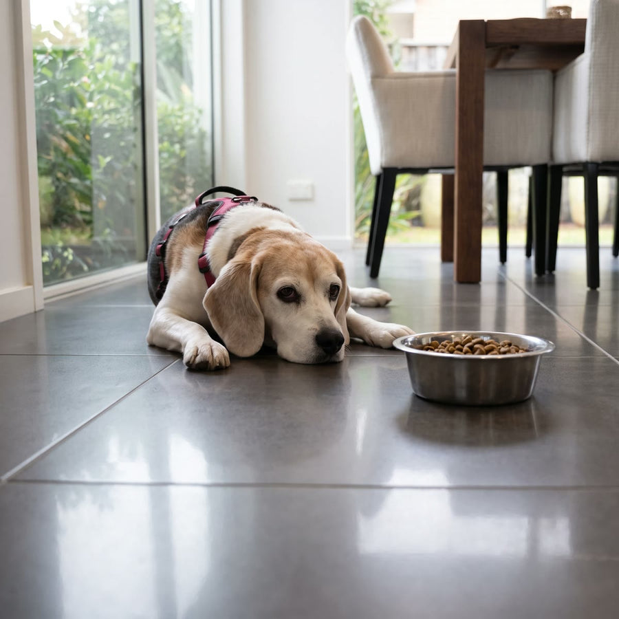 Beagle senior tumbado junto a su cuenco de comida sin levantarse